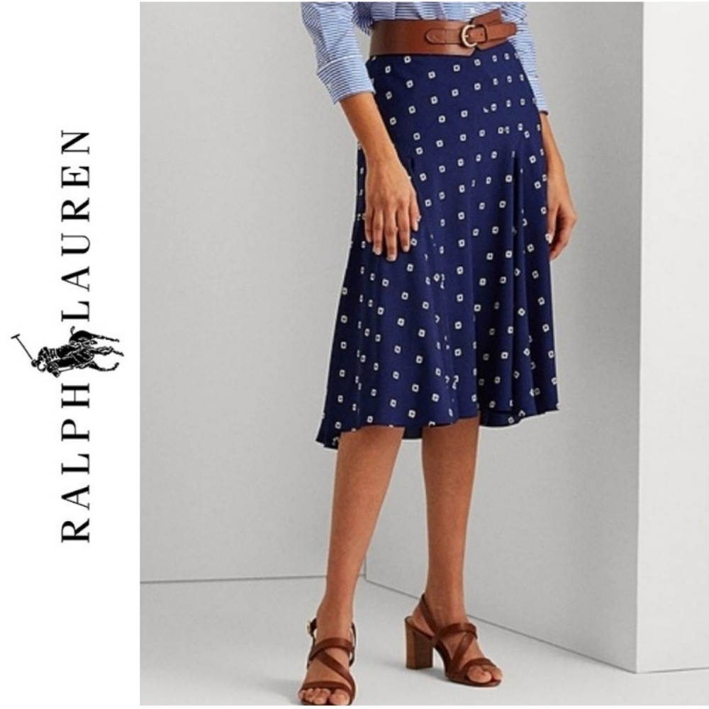 NWT Lauren Ralph Lauren navy and cream crepe peasant midi skirt size 14